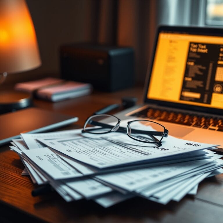 Bureau avec formulaires fiscaux et ordinateur portable illustrant l'agent IA Perplexity Computer for Taxes