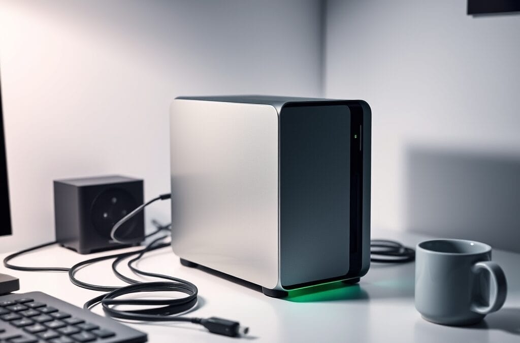 Mini ordinateur argenté sur bureau blanc avec LED verte allumée