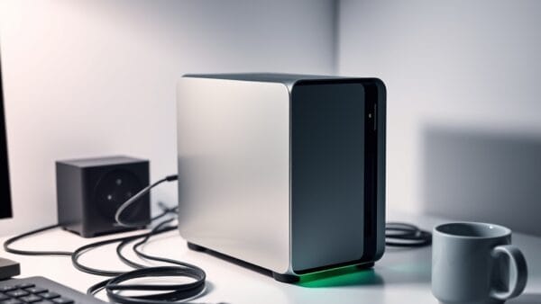 Mini ordinateur argenté sur bureau blanc avec LED verte allumée