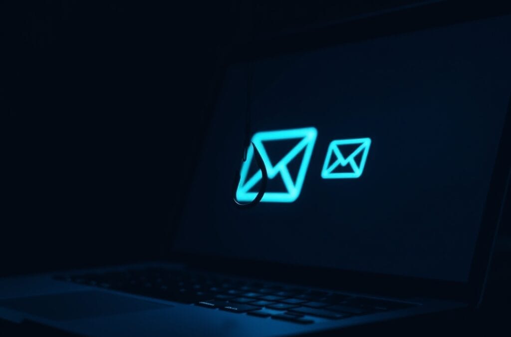 Hameçon suspendu au-dessus dun clavier de laptop avec reflet email