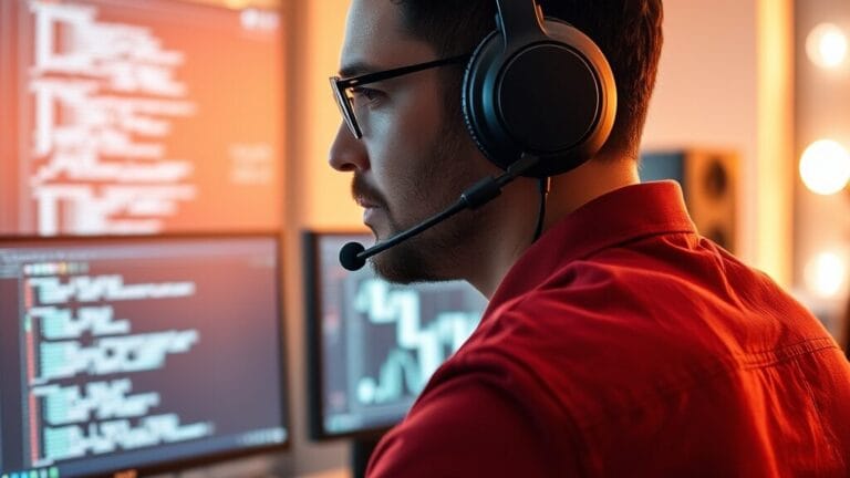 Développeur avec casque audio devant double écran dans un centre de contact moderne
