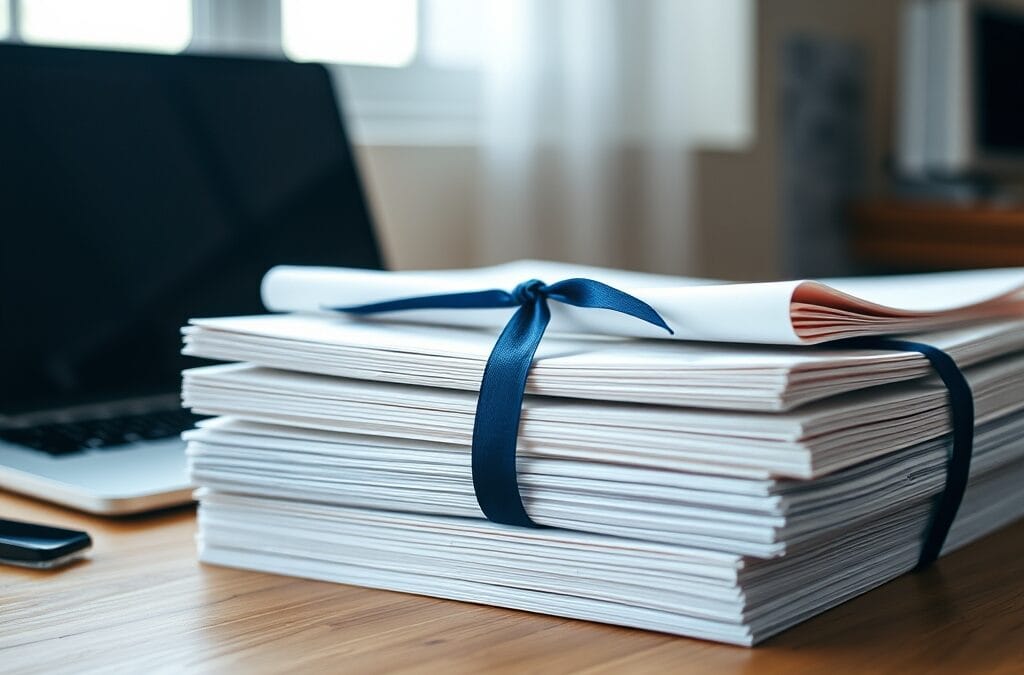 Pile de documents juridiques reliés par un ruban bleu sur un bureau en chêne clair avec ordinateur portable en arrière-plan