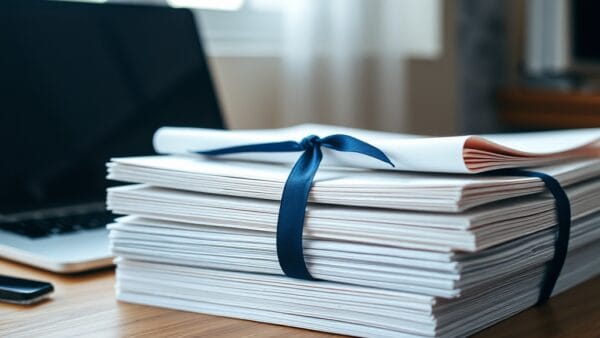 Pile de documents juridiques reliés par un ruban bleu sur un bureau en chêne clair avec ordinateur portable en arrière-plan