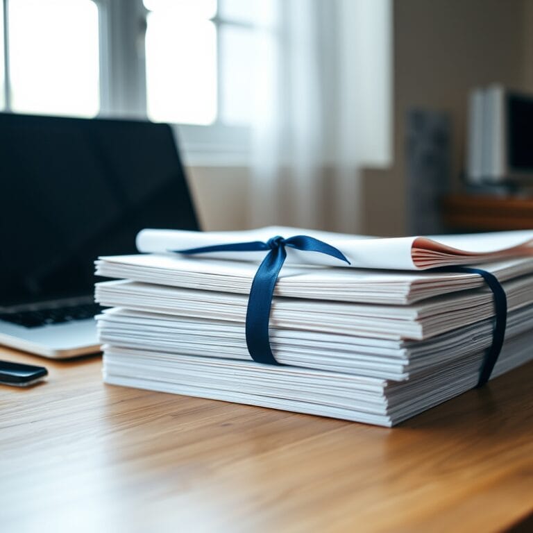 Pile de documents juridiques reliés par un ruban bleu sur un bureau en chêne clair avec ordinateur portable en arrière-plan