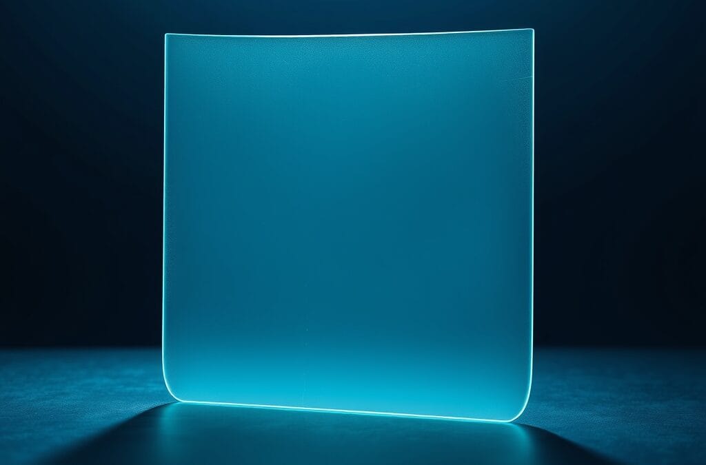 Une plaque de verre dépoli révélant des fissures internes, métaphore des failles zero-day trouvées par Claude Mythos