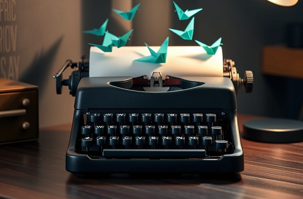 Prompt Engineering : le guide ultime pour maîtriser l'art du prompting 1 Machine à écrire vintage avec des oiseaux en origami symbolisant la création par les prompts