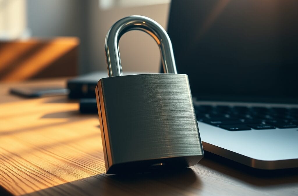 Cadenas posé sur un bureau en bois à côté d'un ordinateur portable