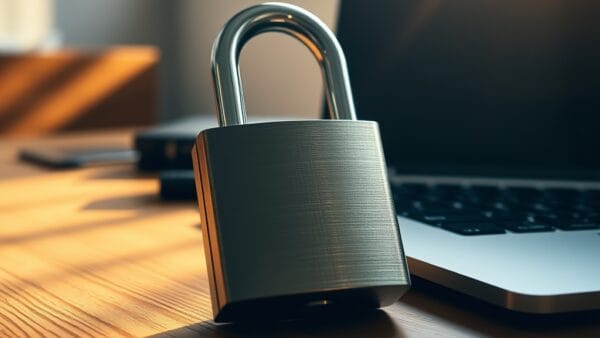 Cadenas posé sur un bureau en bois à côté d'un ordinateur portable