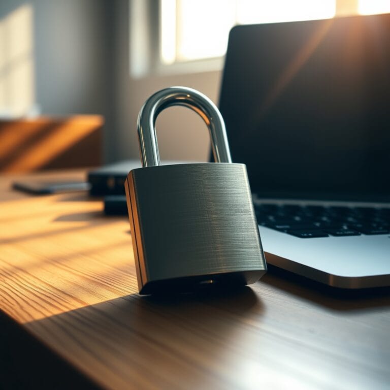 Cadenas posé sur un bureau en bois à côté d'un ordinateur portable