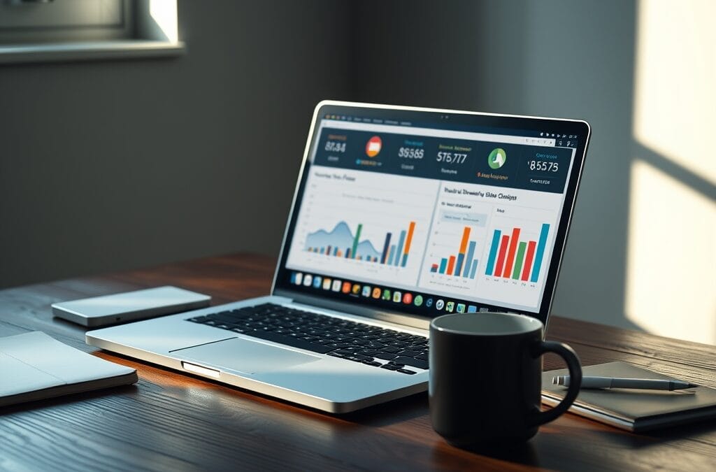 Ordinateur portable affichant un tableau de bord coloré sur un bureau en bois