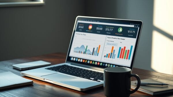 Ordinateur portable affichant un tableau de bord coloré sur un bureau en bois