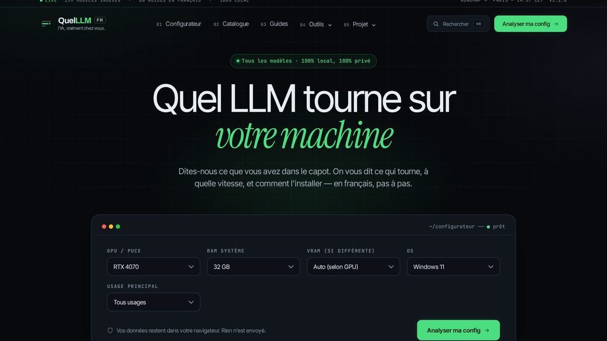 Capture d'écran de QuelLLM.fr, outil français pour choisir un LLM local selon sa configuration