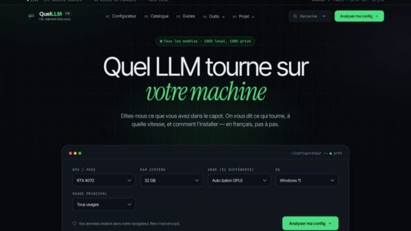 Capture d'écran de QuelLLM.fr, outil français pour choisir un LLM local selon sa configuration
