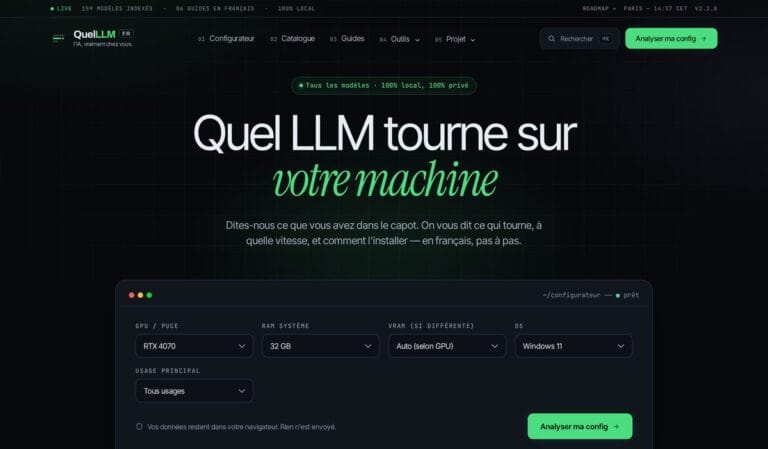 Meilleur LLM local 2026 : lequel tourne sur votre PC ? 2 Capture d'écran de QuelLLM.fr, outil français pour choisir un LLM local selon sa configuration