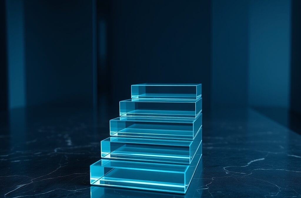 Empilement de plaques de verre ascendantes sur marbre sombre, illustrant la montée en échelle des modèles open source