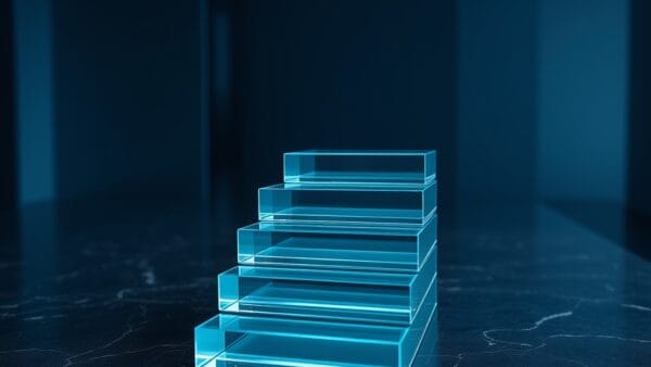 Empilement de plaques de verre ascendantes sur marbre sombre, illustrant la montée en échelle des modèles open source