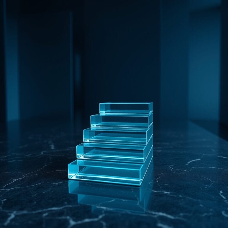 Empilement de plaques de verre ascendantes sur marbre sombre, illustrant la montée en échelle des modèles open source