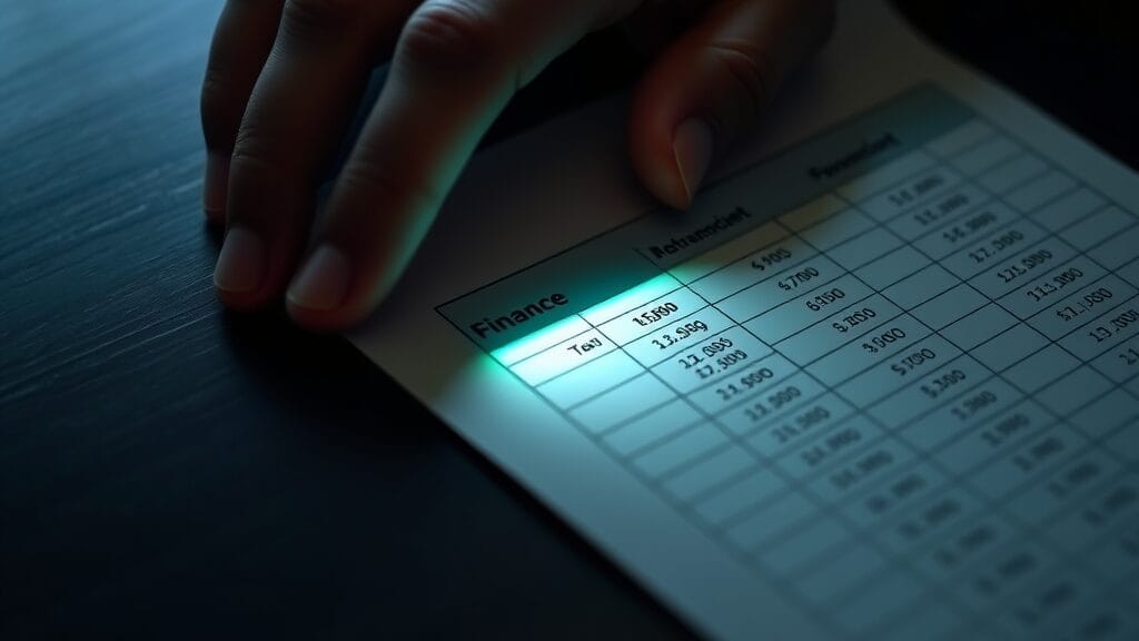 Gros plan d'une feuille de calcul sur papier mat, une cellule éclairée révélant un texte caché, main floue à l'arrière-plan.