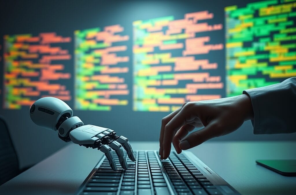 Main robotique et main humaine atteignant le même clavier