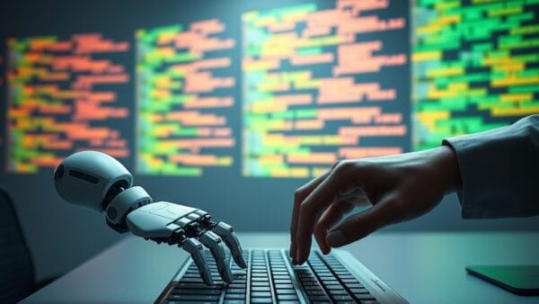 Main robotique et main humaine atteignant le même clavier