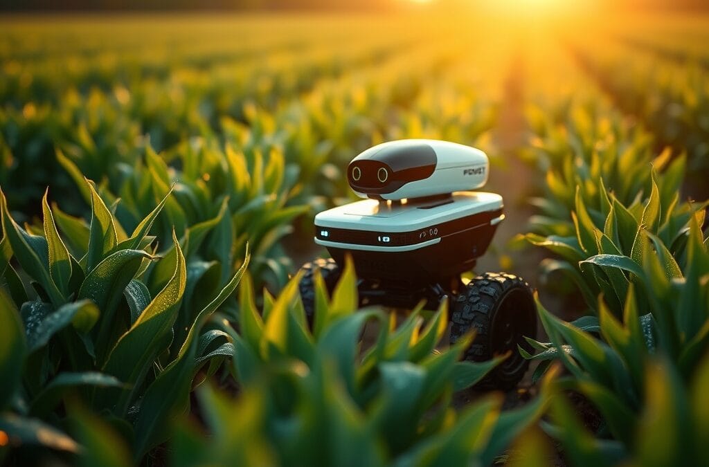 Petit robot autonome se déplaçant entre des rangées de cultures vertes dans un champ ensoleillé