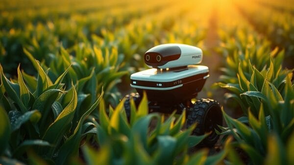 Petit robot autonome se déplaçant entre des rangées de cultures vertes dans un champ ensoleillé