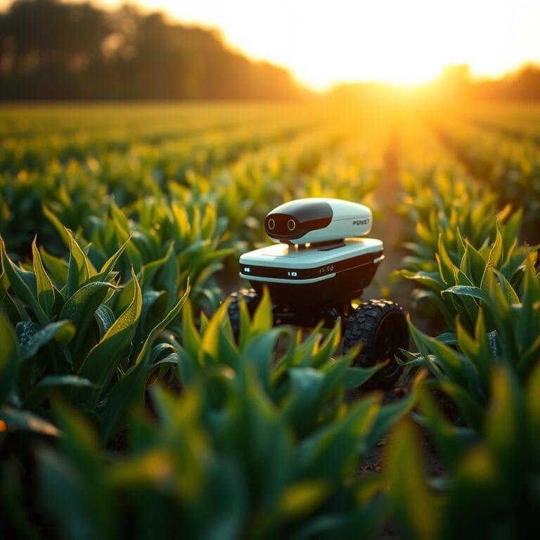 Petit robot autonome se déplaçant entre des rangées de cultures vertes dans un champ ensoleillé