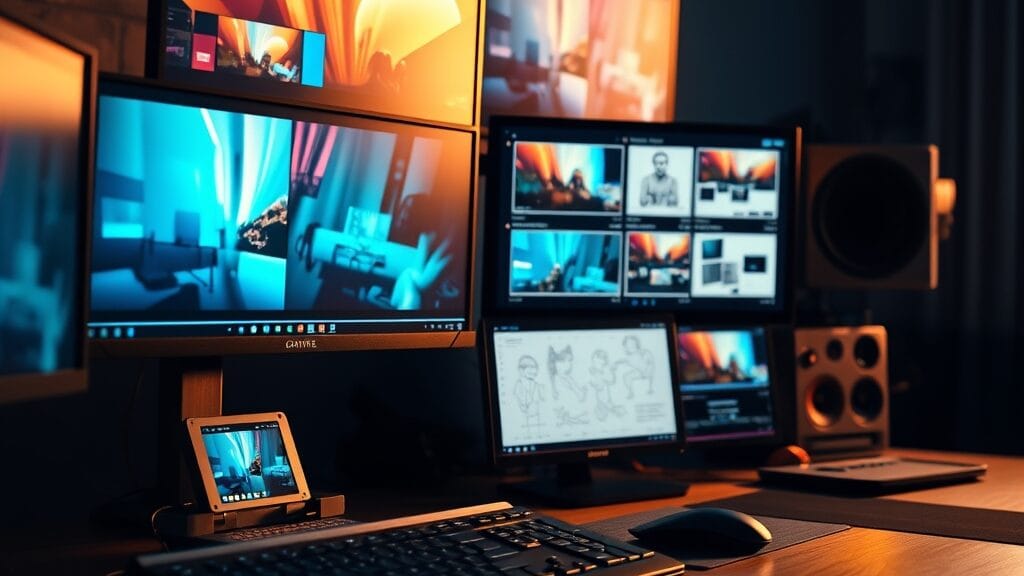 Poste de travail créatif avec plusieurs écrans affichant des plans vidéo colorés et un storyboard, lumière chaude d'après-midi