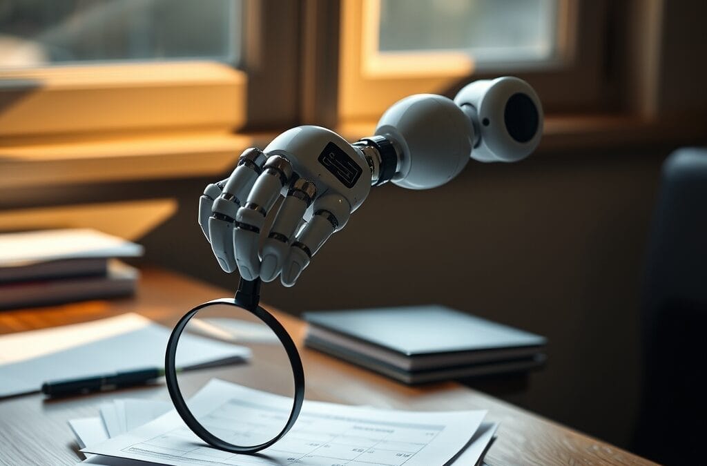 Bras robotique tenant une loupe au-dessus de publications scientifiques