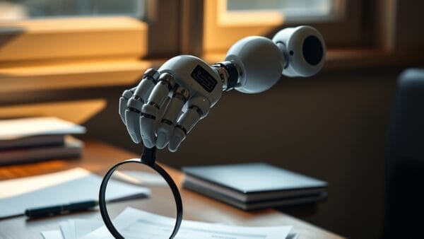 Bras robotique tenant une loupe au-dessus de publications scientifiques
