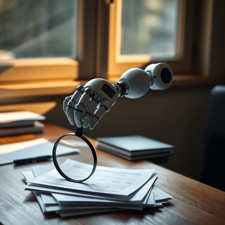Bras robotique tenant une loupe au-dessus de publications scientifiques