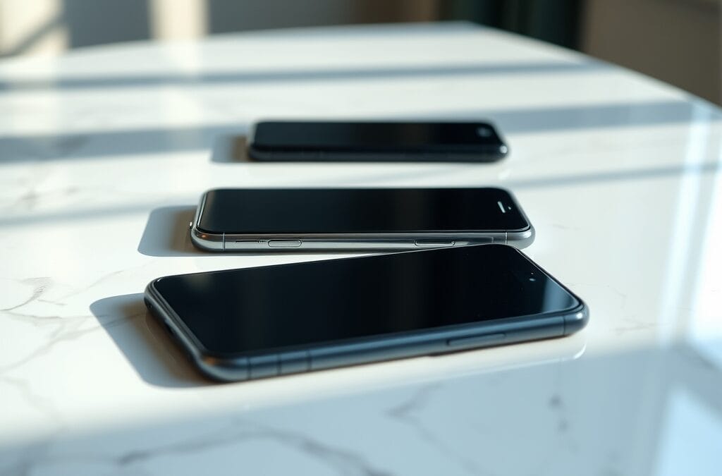 Rangée de smartphones posés sur une surface en marbre blanc avec reflets lumineux