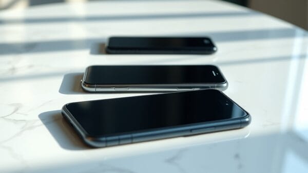 Rangée de smartphones posés sur une surface en marbre blanc avec reflets lumineux