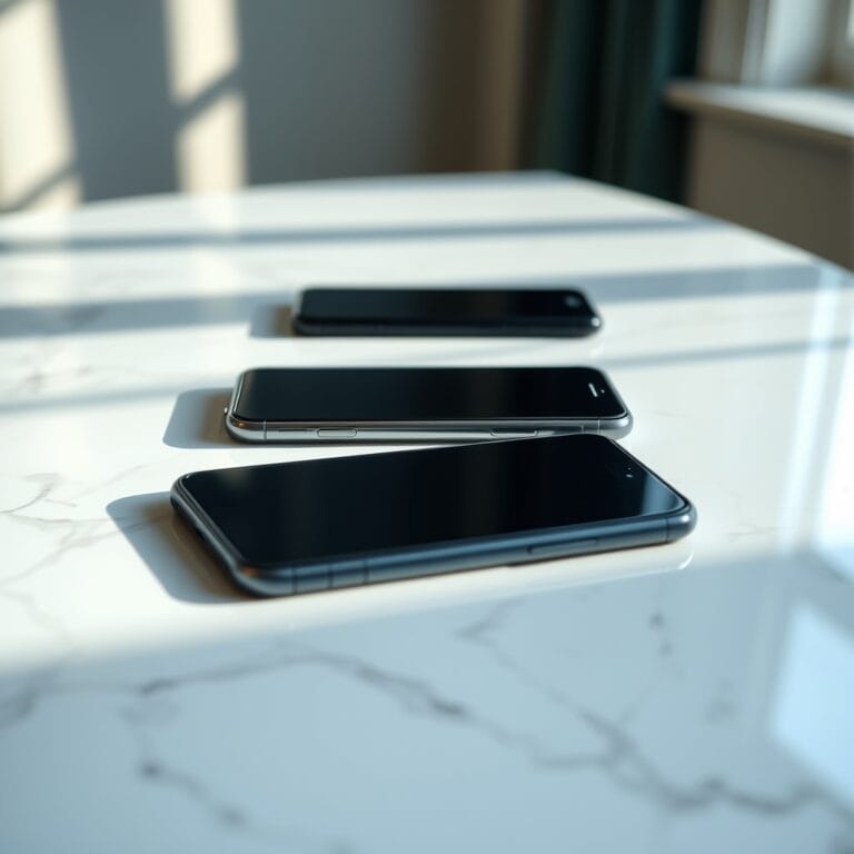 Rangée de smartphones posés sur une surface en marbre blanc avec reflets lumineux