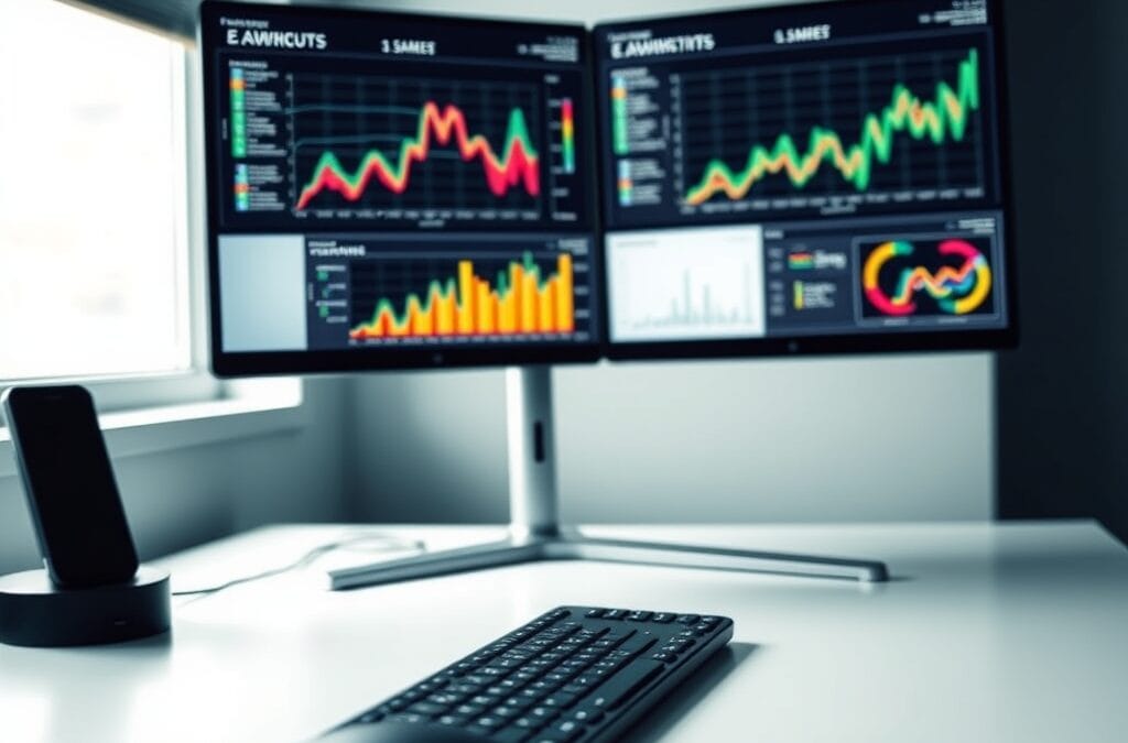 Double écran sur un bureau moderne affichant des visualisations de données colorées avec clavier sans fil