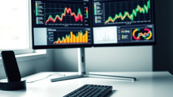 Double écran sur un bureau moderne affichant des visualisations de données colorées avec clavier sans fil