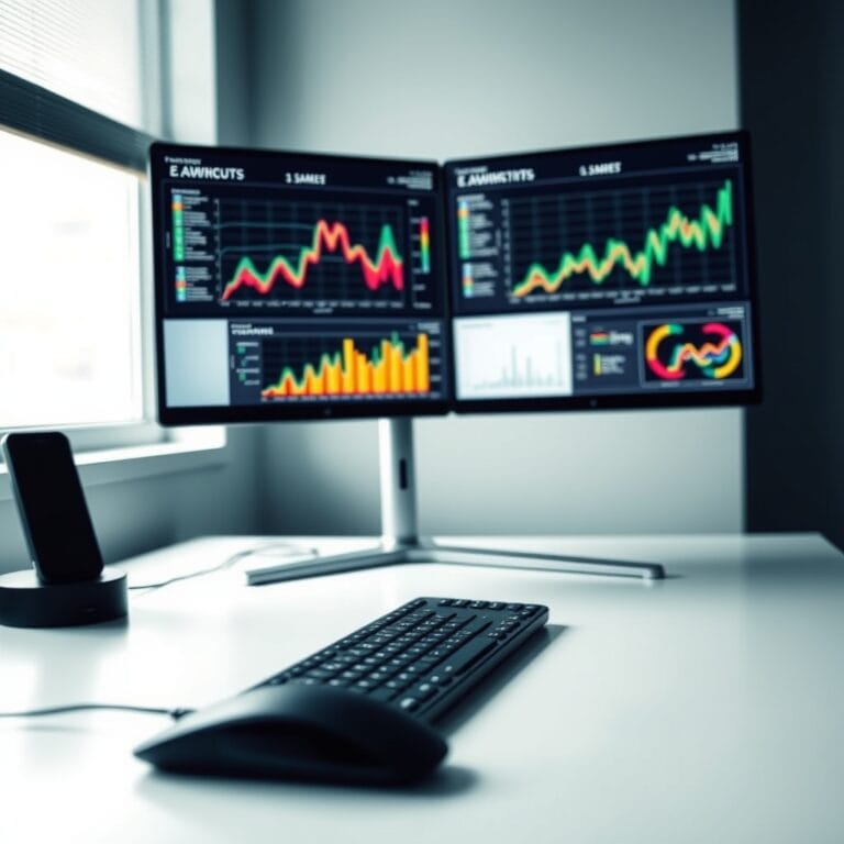 Double écran sur un bureau moderne affichant des visualisations de données colorées avec clavier sans fil