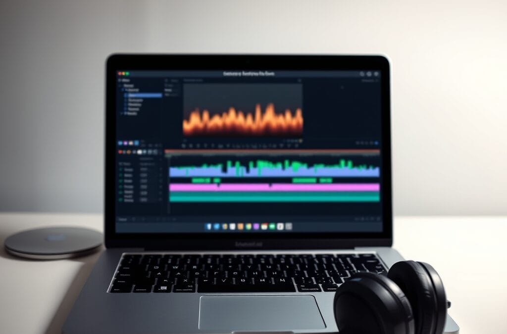 Écran de laptop montrant une timeline d'édition vidéo avec un casque audio à côté