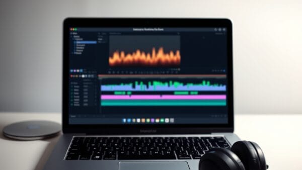 Écran de laptop montrant une timeline d'édition vidéo avec un casque audio à côté
