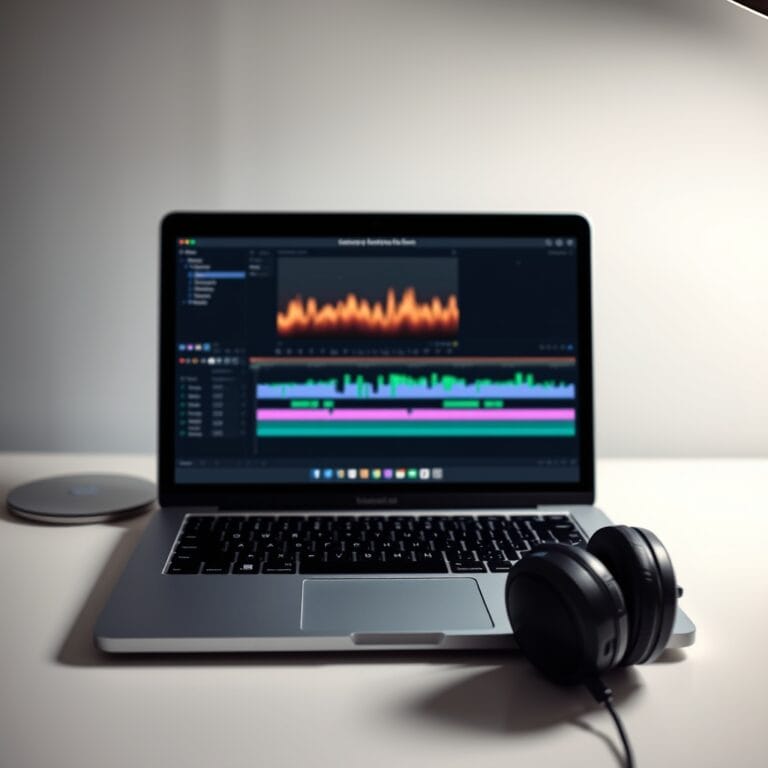 Écran de laptop montrant une timeline d'édition vidéo avec un casque audio à côté