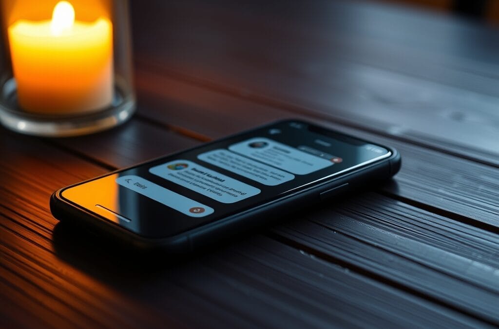 Smartphone posé sur une table en bois sombre montrant une interface de chat