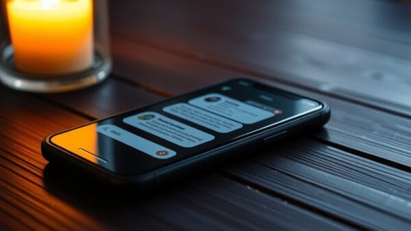 Smartphone posé sur une table en bois sombre montrant une interface de chat