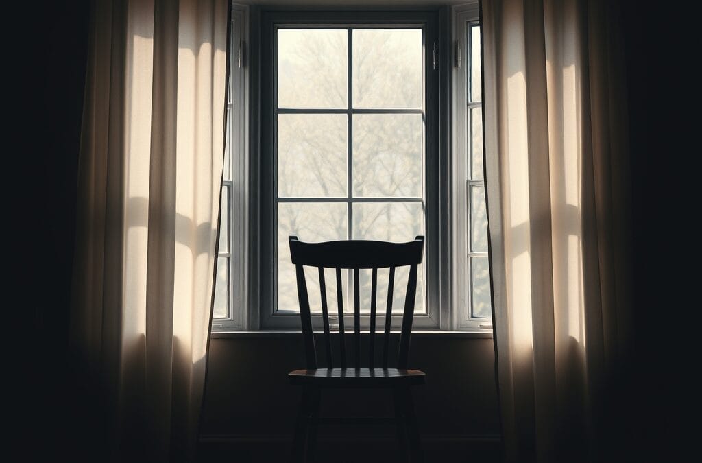 Chaise en bois vide dans une pièce faiblement éclairée face à une fenêtre