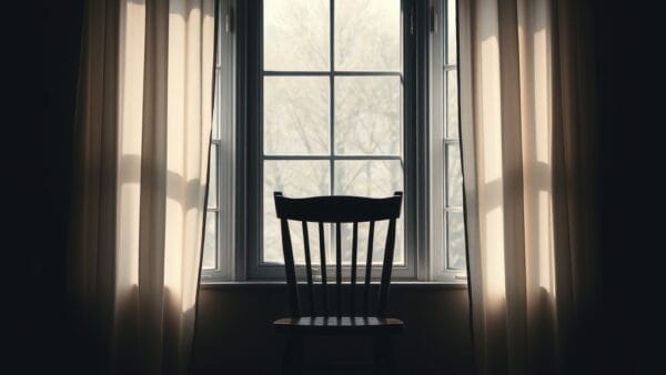 Chaise en bois vide dans une pièce faiblement éclairée face à une fenêtre