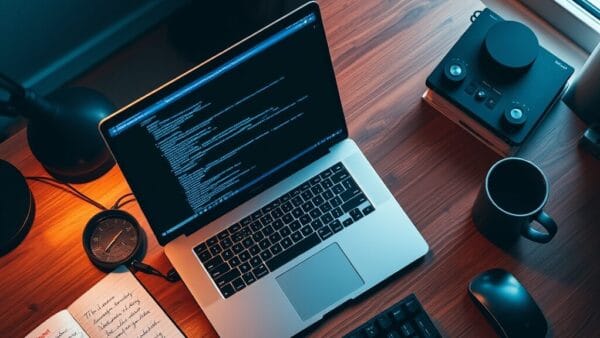 Espace de travail développeur avec laptop et notes manuscrites de tests