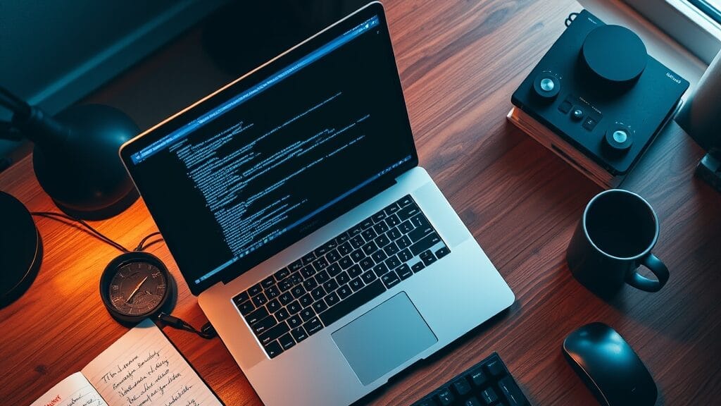 Espace de travail développeur avec laptop et notes manuscrites de tests