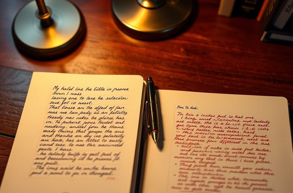 Deux carnets côte à côte avec corrections au stylo rouge, illustrant la double relecture entre GPT et Claude dans Microsoft Critique