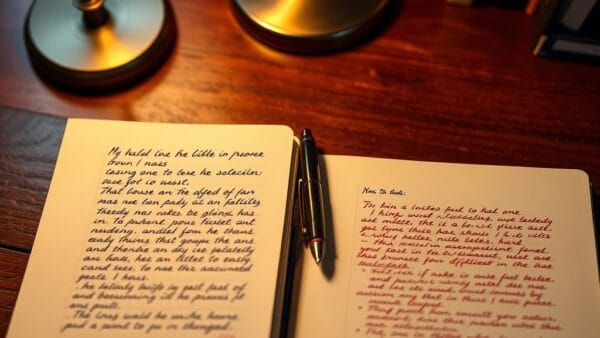 Deux carnets côte à côte avec corrections au stylo rouge, illustrant la double relecture entre GPT et Claude dans Microsoft Critique