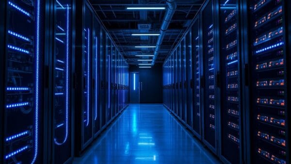 Couloir de data center moderne avec serveurs et éclairage LED bleu