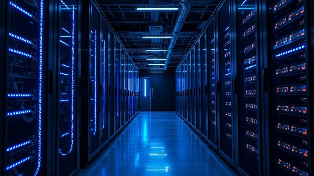 Couloir de data center moderne avec serveurs et éclairage LED bleu